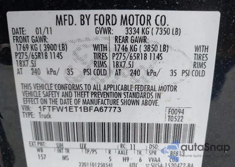 2011 Ford F-150 Xlt from USA, damaged, VIN 1FTFW1ET1BFA67773